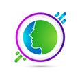 Human head face logo in circle, badge, creative brain man. Digital profile face innovation intelligence mind vector Royalty Free Stock Photo