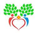 People together red hart with green leafs love logo with healthcare sign tree leaf vector logo. Royalty Free Stock Photo
