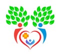 People together red hart with green leafs love logo with healthcare sign tree leaf vector logo.