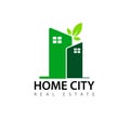 House, home, real estate, logo, green leaf HOME CITY architecture symbol rise building icon vector design. Royalty Free Stock Photo