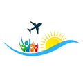 Traveling, travel, Beach happy people healthcare airplane logo water tree vector logo design