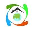 Hands around the world home house logo vector illustration.