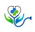 Stethoscope Heart in hands Medical Healthcare Logo Design Vector.