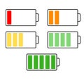 Battery charge indicator icons set. Charging level full power low to high up. Gadget, Icon energy status vector Royalty Free Stock Photo