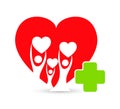 Red heart with healthcare sign family together vector icon. People logo.