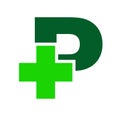 Pharmacy logo. Letter P with pharmacy cross icon vector, isolated on a dark-green background. Royalty Free Stock Photo