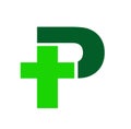 Pharmacy logo. Letter P with pharmacy cross icon vector, isolated on a dark-green background. Royalty Free Stock Photo