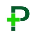 Pharmacy logo. Letter P with pharmacy cross icon vector, isolated on a dark-green background. Royalty Free Stock Photo