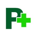 Pharmacy logo. Letter P with pharmacy cross icon vector, isolated on a dark-green background. Royalty Free Stock Photo