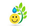 Smiley yellow face with green leaf, water drop emoji on white background Royalty Free Stock Photo