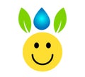 Smiley yellow face with green leaf, water drop emoji on white background Royalty Free Stock Photo