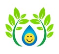 Smiley yellow face with green leaf, water drop emoji on white background Royalty Free Stock Photo