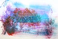 dreamy and abstract image of the forest. double exposure effect with watercolor brush stroke texture.