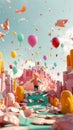Dreamy adventure: child exploring colorful balloon fantasy landscape