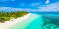 A dreamy aerial view of Maldives island's tropical beach, with its crystal-clear turquoise waters, white sand, and