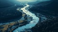 Dreamy Aerial View Of River In Dark Cyan And Yellow