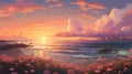 Dreamy Anime Art: Flowers And Sunrise Over The Ocean