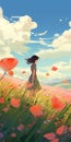 Dreamy Anime Girl Walking Through Poppies: Romantic Illustration