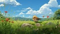 Dreamy Anime-inspired Bird In Grassland Concept Art