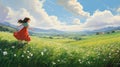 Dreamy Anime Landscape: A Charming Panoramic Painting Of A Girl In A Green Field