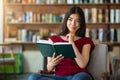 Dreamy Asian Girl With Pen And Diary Notebook Sitting In City Cafe