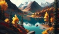 Colors of the Forest: A Watercolor Painting of Mountains, Forests, and Lake in Vibrant Autumn Hues. Generative Ai Royalty Free Stock Photo