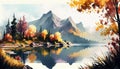 A Dreamy Autumn Getaway: Watercolor Illustration of Mountains, Forest, and Lake in Vibrant Colors. Generative Ai Royalty Free Stock Photo