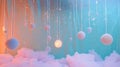A dreamy backdrop featuring hanging fluffy spheres and soft clouds for a whimsical atmosphere Royalty Free Stock Photo