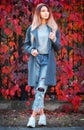 Dreamy beautiful girl with long colorful hair on autumn background of red grape hedge. Inspired woman in gray coat. Autumn Royalty Free Stock Photo