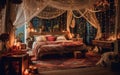 A Dreamy Boho-Chic Bedroom With Bookshelfs in The Muted Light of a Rainy Day Background Royalty Free Stock Photo