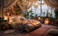 A Dreamy Boho-Chic Bedroom With Bookshelfs in The Muted Light of a Rainy Day Background