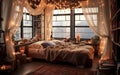 A Dreamy Boho-Chic Bedroom With Bookshelfs in The Muted Light of a Rainy Day Background