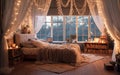 A Dreamy Boho-Chic Bedroom With Bookshelfs in The Muted Light of a Rainy Day Background