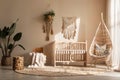 A nursery with macrame mobiles, rag rug, cozy kids room with furniture from natural materials. generative ai