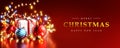 Dreamy Box Gift Christmas Ball Red Blue Gold Christmas Lights Bokeh Red Background Banner Card 3D Render Royalty Free Stock Photo