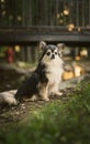 Dreamy Chihuahua Dog Beside Rocks and River with Black Metal Bridge