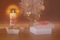 Dreamy Christmas background with snow covered tree, straw decorations, burning candle and open present