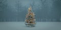 A dreamy Christmas tree alone in a snowy, foggy forest, 3d rendering