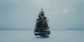 A dreamy Christmas tree alone in a snowy, foggy forest, 3d rendering