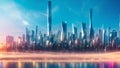 A Dreamy City Skyline With Skyscrapers And A Bright Light Reflecting In The Water AI Generative