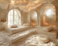 Dreamy cloud room with soft lighting and fluffy floor pillows Royalty Free Stock Photo