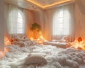 Dreamy cloud room with soft lighting and fluffy floor pillows Royalty Free Stock Photo