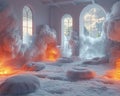 Dreamy cloud room with soft lighting and fluffy floor pillows3D render Royalty Free Stock Photo
