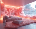 Dreamy cloud room with soft lighting and fluffy floor pillows3D render Royalty Free Stock Photo