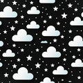 Dreamy clouds and stars in a monochromatic pattern on a black background (tiled)