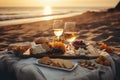 Dreamy Coastal Delight: Beautiful Sunset Beach Picnic with White Wine