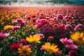 Dreamy colorful flowers field, with mountains scenery, fog around flowers landscape