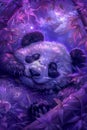 Dreamy Cosmic Panda with Purple Foliage Background Magical Fantasy Wildlife Illustration Royalty Free Stock Photo