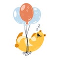 Dreamy cute bear flying on a balloon, happy cartoon illustration isolated on white background. Vector