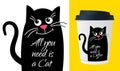 Dreamy Cute cat with text. All need is a cat. Kawaii black cat.